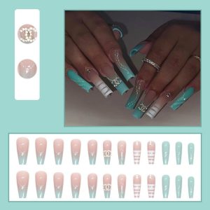 Teal Chanel design inspired Long sized fake nails