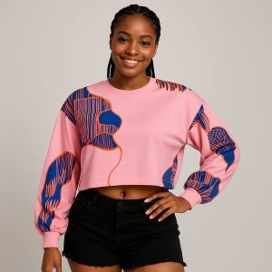 Abstract Print Balloon Sleeve Cropped Sweatshirt
