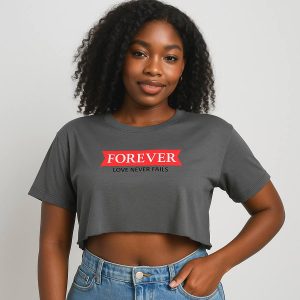 “FOREVER Love Never Falls” Graphic Crop Tee – Grey Short Sleeve Slogan T-Shirt
