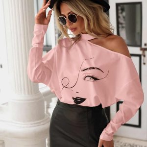 Abstract Face Print Cut-Out Long Sleeve T-shirt – Women’s Casual Tops – Pink